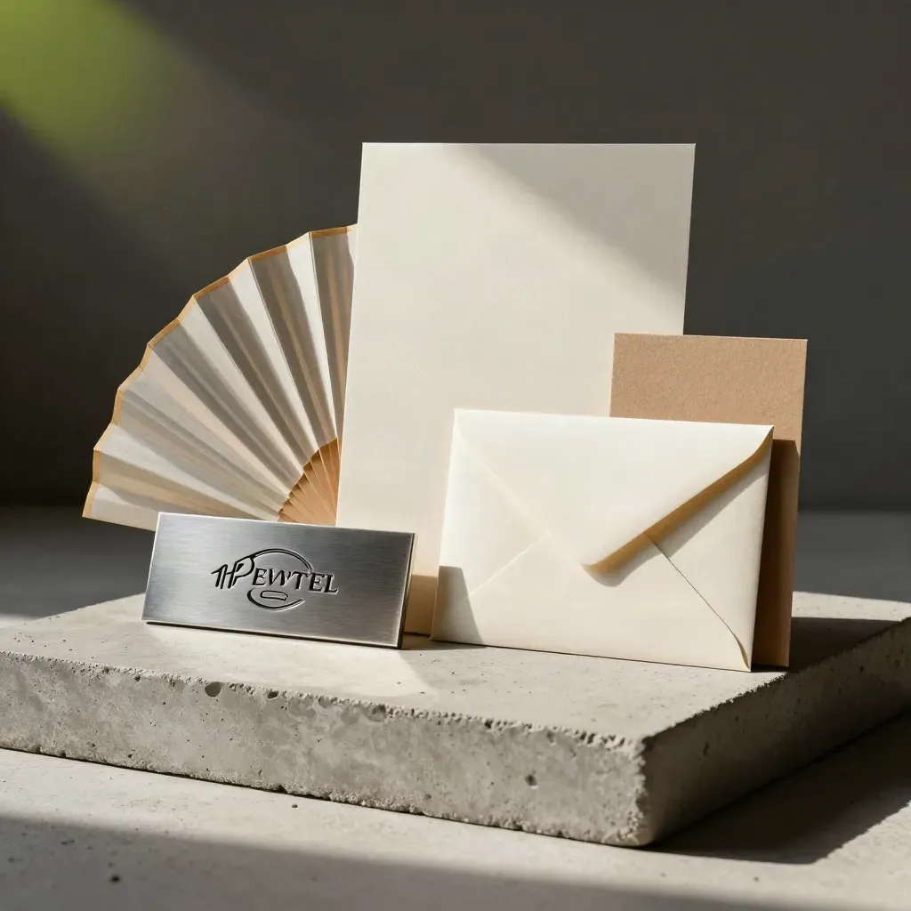 Identity kit on a concrete plinth with swatches, plaques, envelopes and paper mockups in a studio