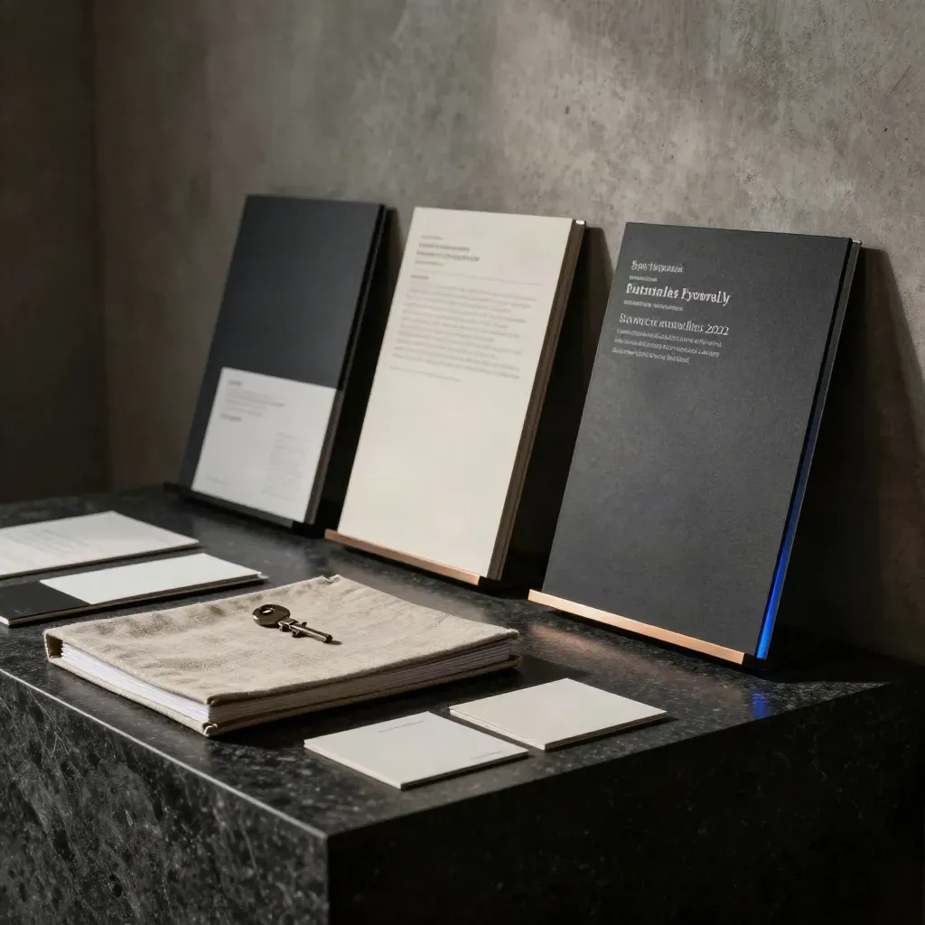 Low-angle gallery display of pitch-deck boards, linen binder and face-down cards on a basalt plinth.