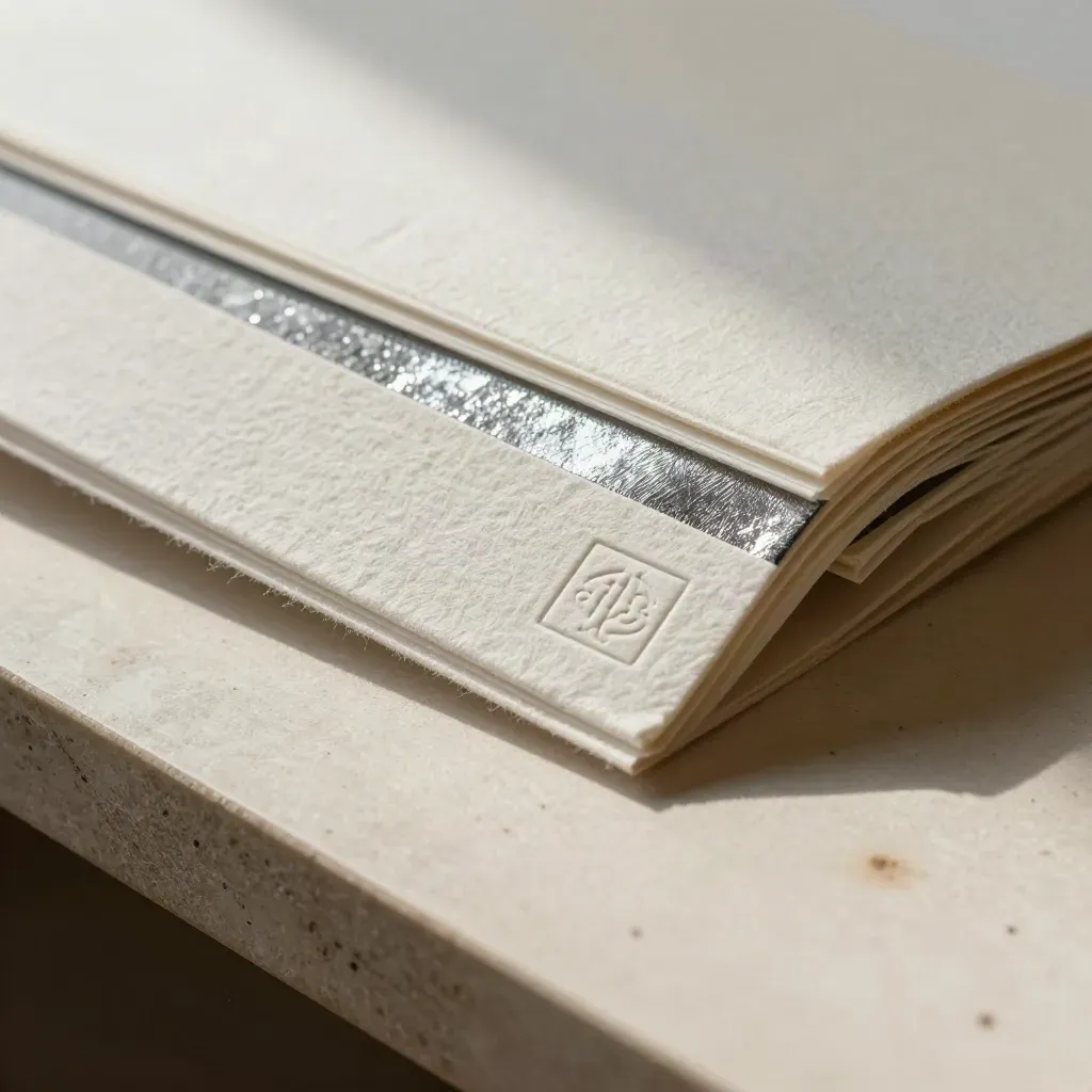 Macro of embossed cotton-rag paper, foil strips and a debossed logo tile on a print bench.