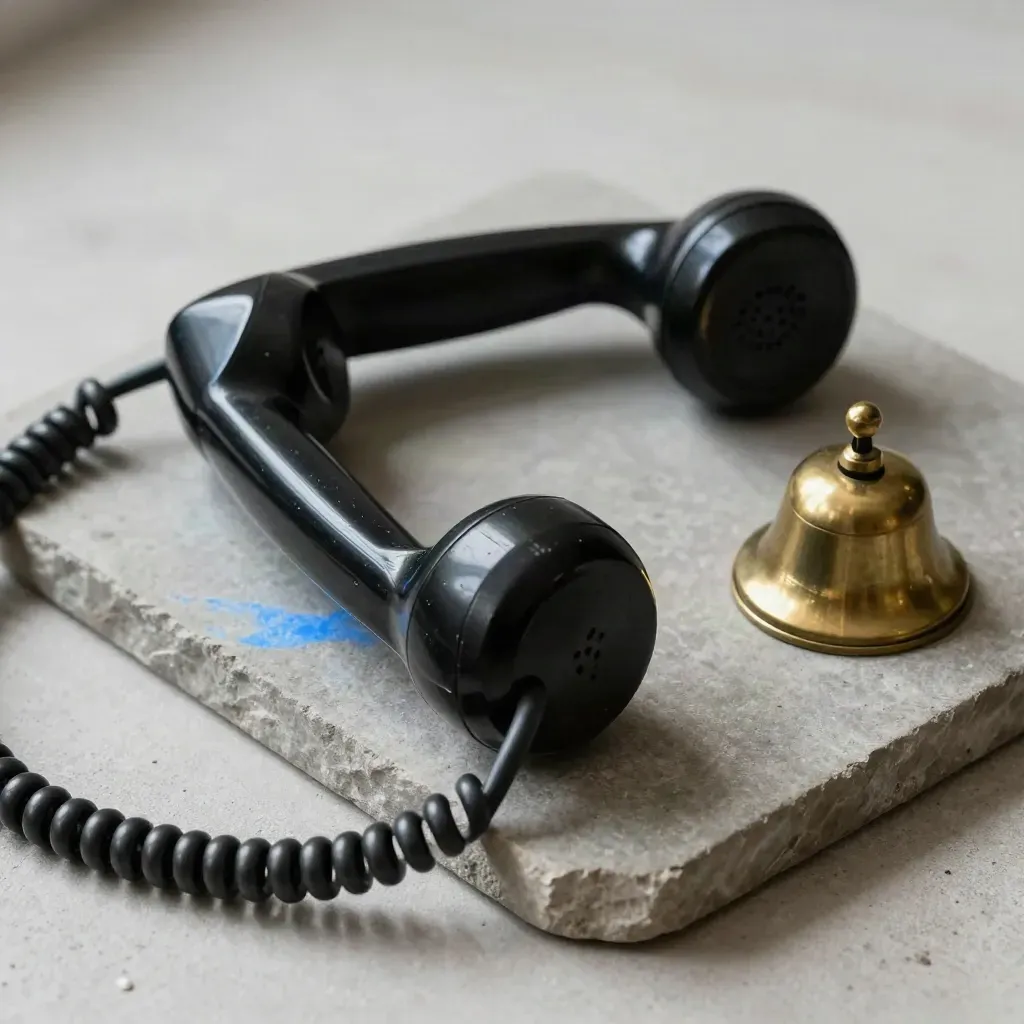 Overhead flatlay of a black handset, curled cord, and brass bell on a stone tray.