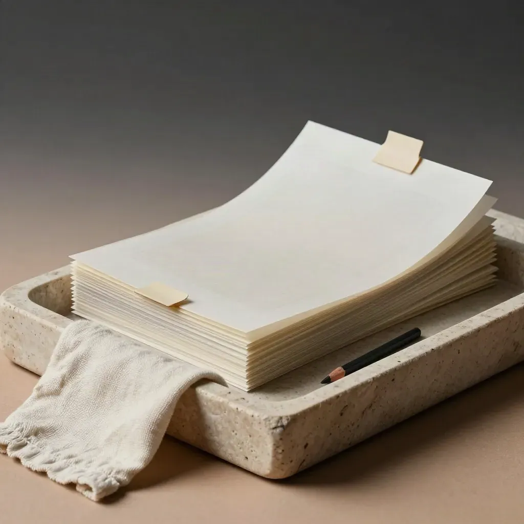 Tracing sheets, mockup boards and graphite stick in a shallow stone tray with soft linen cloth.