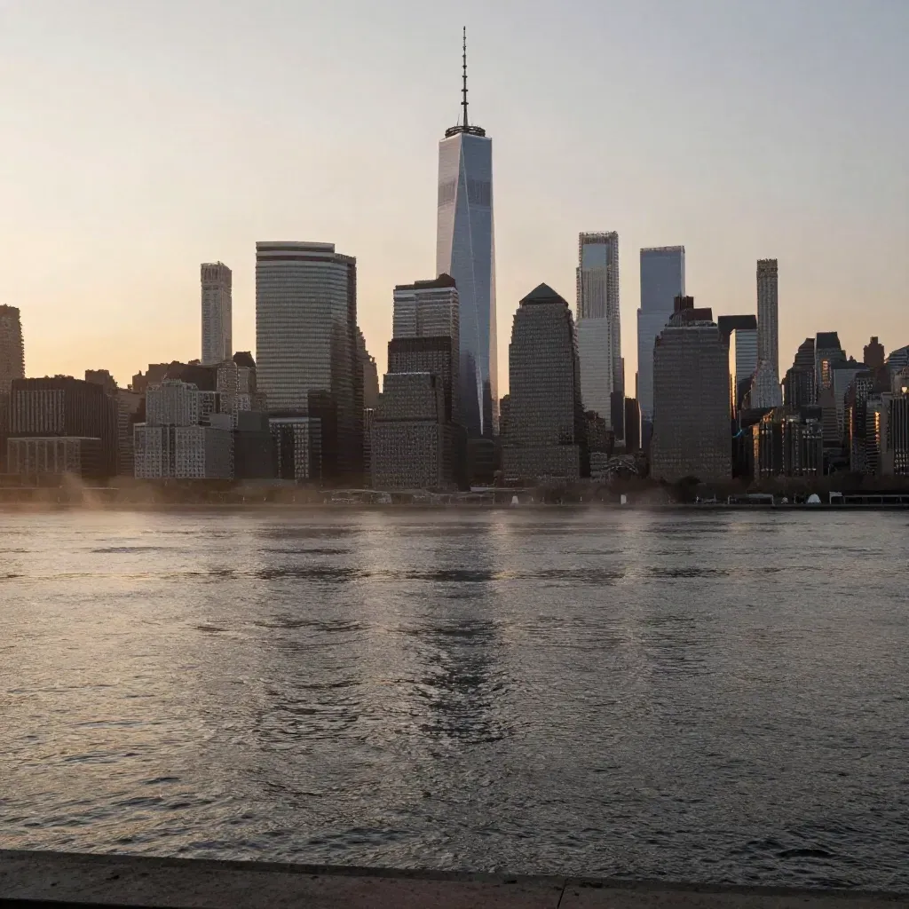 Hazy Manhattan skyline over the East River at sunset with calm water and glass towers.
