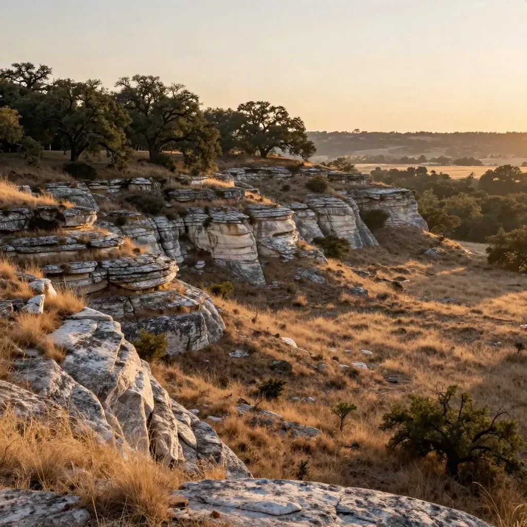 Austin Hill Country at golden hour with limestone terraces, live oaks, and hazy skyline